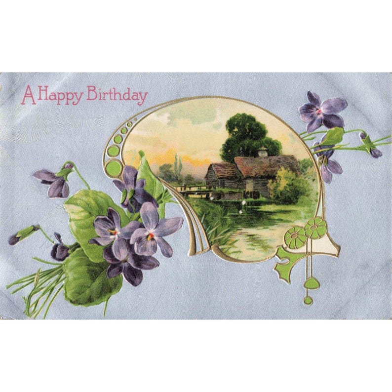 Vintage A Happy Birthday Embossed Postcard Violets Cottage Scene Germany JB Co image 1