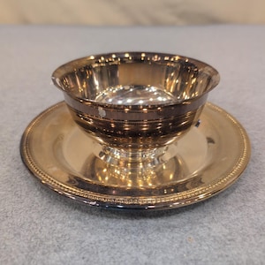 Oneida Silverplate Sherbet Tasse und Unterteller Set Perlenrand USA Vintage Bild 1