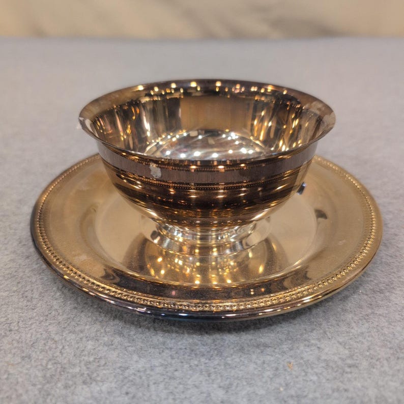 Oneida Silverplate Sherbet Tasse und Unterteller Set Perlenrand USA Vintage Bild 1
