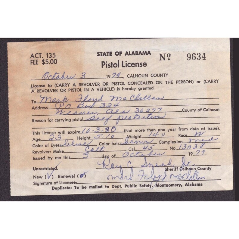 Vintage 1979 Alabama Pistol License Calhoun County Colt 45 Revolver Ephemera image 1