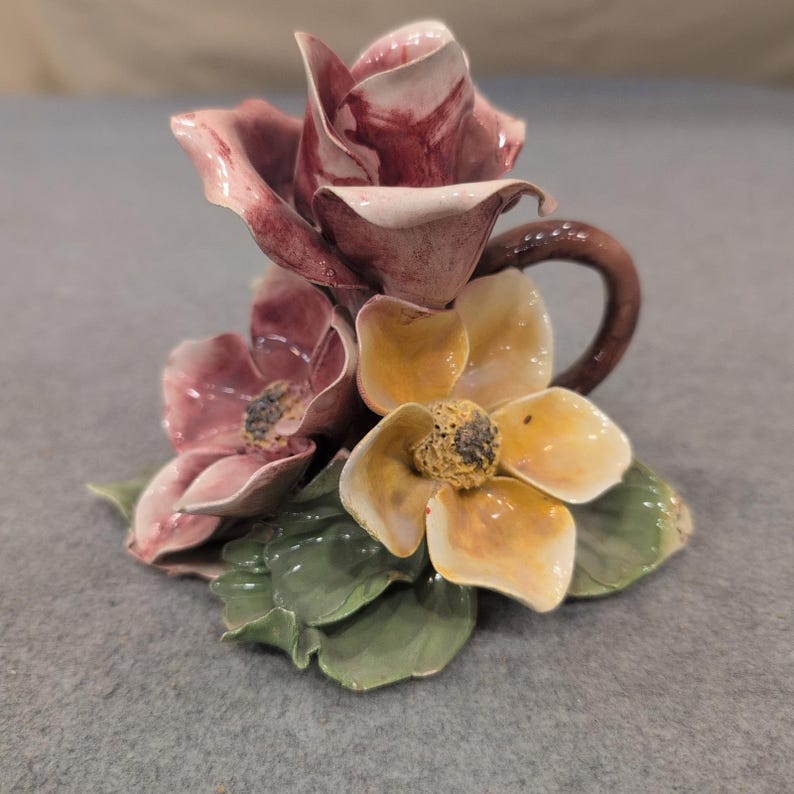 Himark Italy Ceramic Floral Figurine Rose Candle Holder Hand Painted Vintage image 3