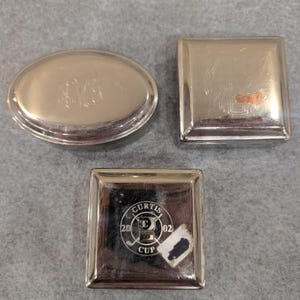 Vintage Silver Tone Monogrammed Oval and Square Trinket Boxes Set of 3 image 1