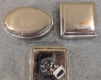 Vintage Silver Tone Monogrammed Oval and Square Trinket Boxes Set of 3