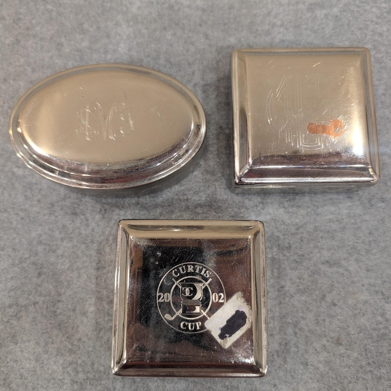 Vintage Silver Tone Monogrammed Oval and Square Trinket Boxes Set of 3 image 1
