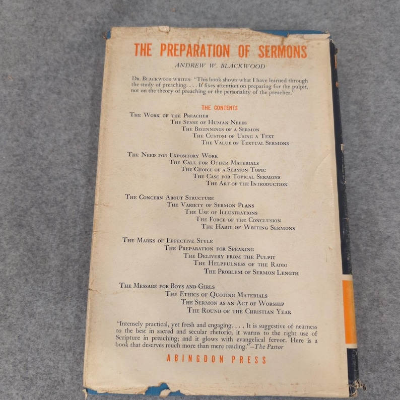 La preparación de sermones, Andrew W. Blackwood, 1948, tapa dura, Abingdon Press imagen 2