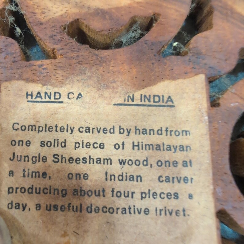 Vintage Hand Carved Sheesham Wood Trivet Set 2 Piece Floral Leaf Made in India image 7