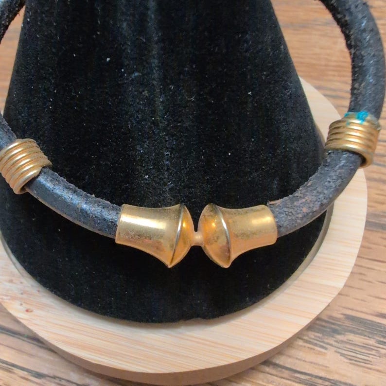 Vintage Leather Cord Bracelet Gold Tone Hardware Minimalist Boho Unisex Black image 3