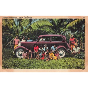 Vintage 1940's New Caledonia Children with Vintage Car Postcard Tropical Scene image 1