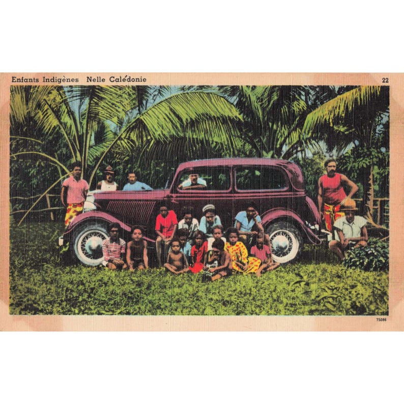 Vintage 1940's New Caledonia Children with Vintage Car Postcard Tropical Scene image 1