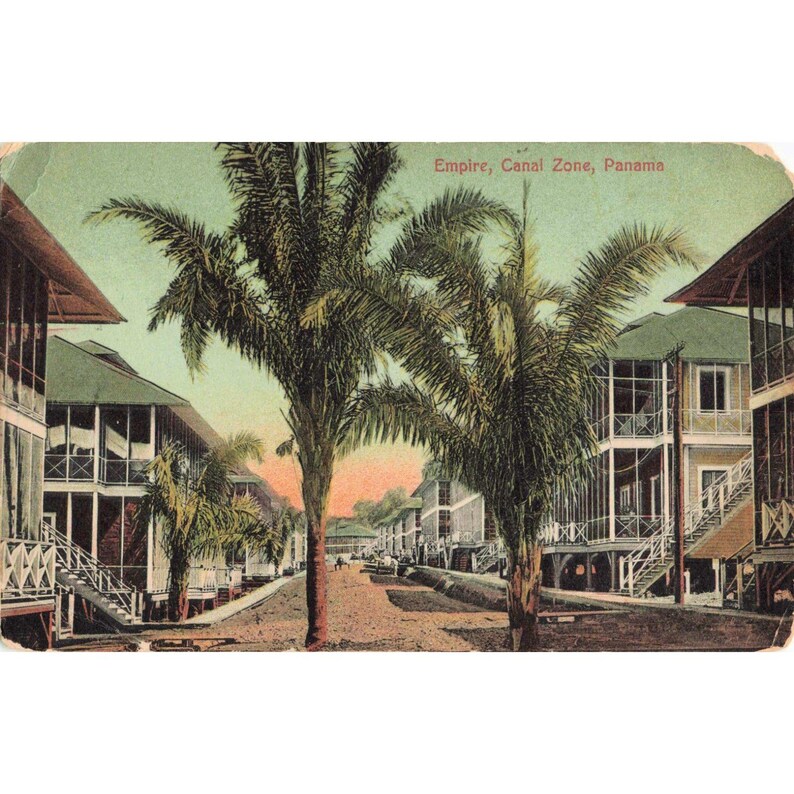 Vintage Empire Canal Zone Panama Postcard Palm Trees Residential Street View image 1