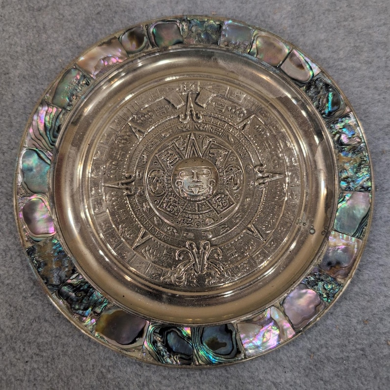 Alpaca Mexico Aztec Sun Calendar Plate Abalone Shell Inlay Silver Tone Decor image 1