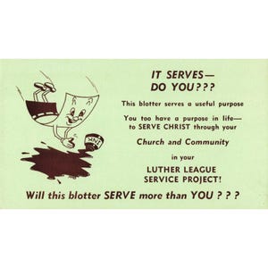Vintage-Tintenlöscher, Luther League Service Project, religiöser Cartoon, Mitte des 20. Jahrhunderts Bild 1