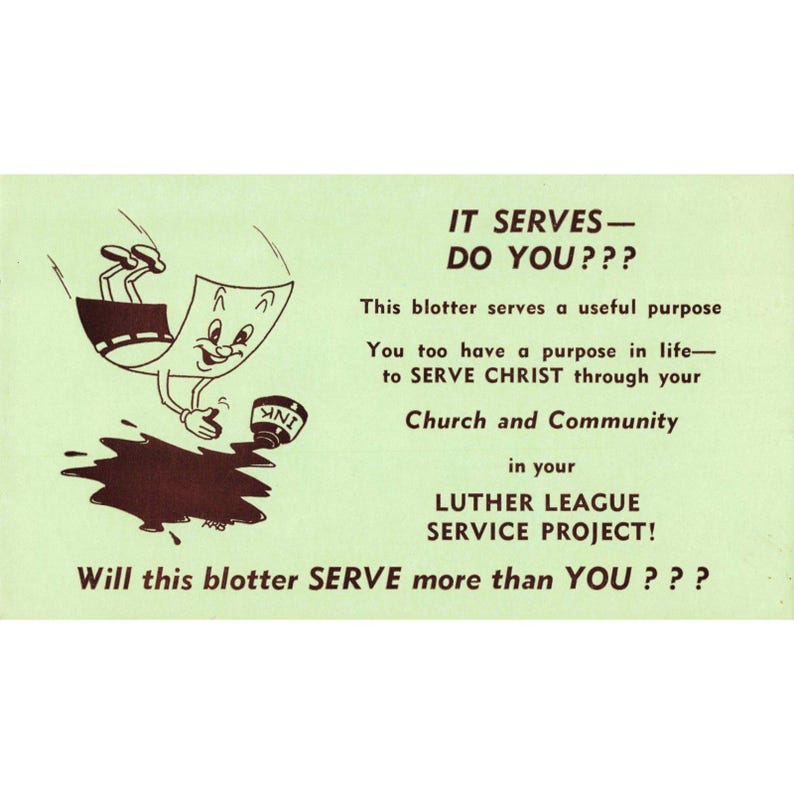 Vintage-Tintenlöscher, Luther League Service Project, religiöser Cartoon, Mitte des 20. Jahrhunderts Bild 1