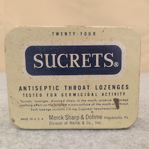 Vintage SUCRETS Antiseptische keeltabletten Tin Merck Sharp & Dohme Collectible afbeelding 1
