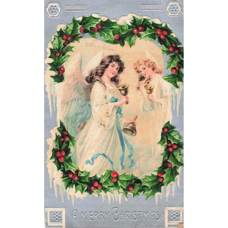 Vintage-Weihnachtskarte mit Prägung, Engeln, Stechpalmenkranz und Glocken, gedruckt in Deutschland Bild 1