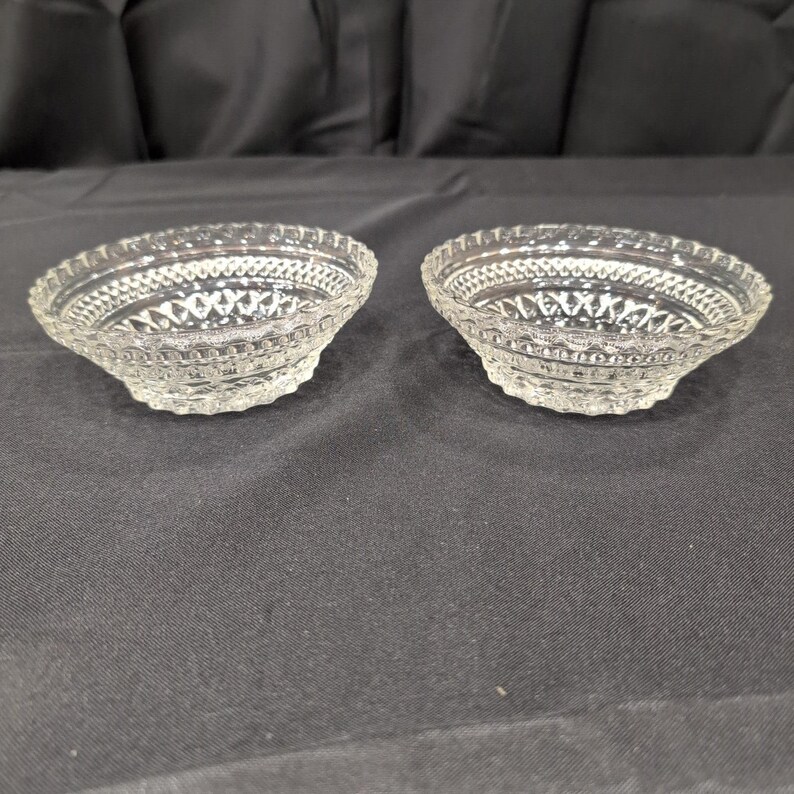 Vintage Clear Pressed Glass Bowls Diamond Point Sunburst Scalloped Rim Set of 2 image 1