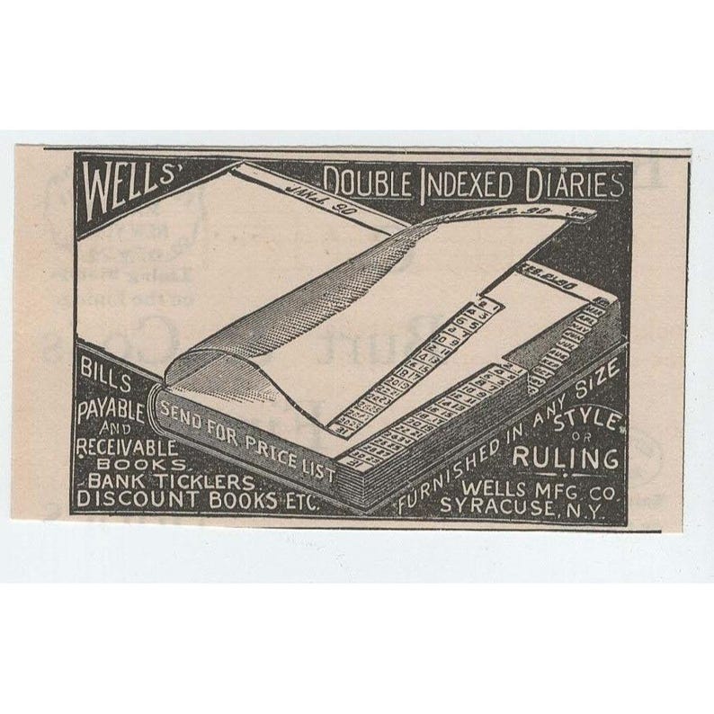 1891 Wells Double Indexed Diaries Syracuse NY Antique Original Print Ad Clipping zdjęcie 1