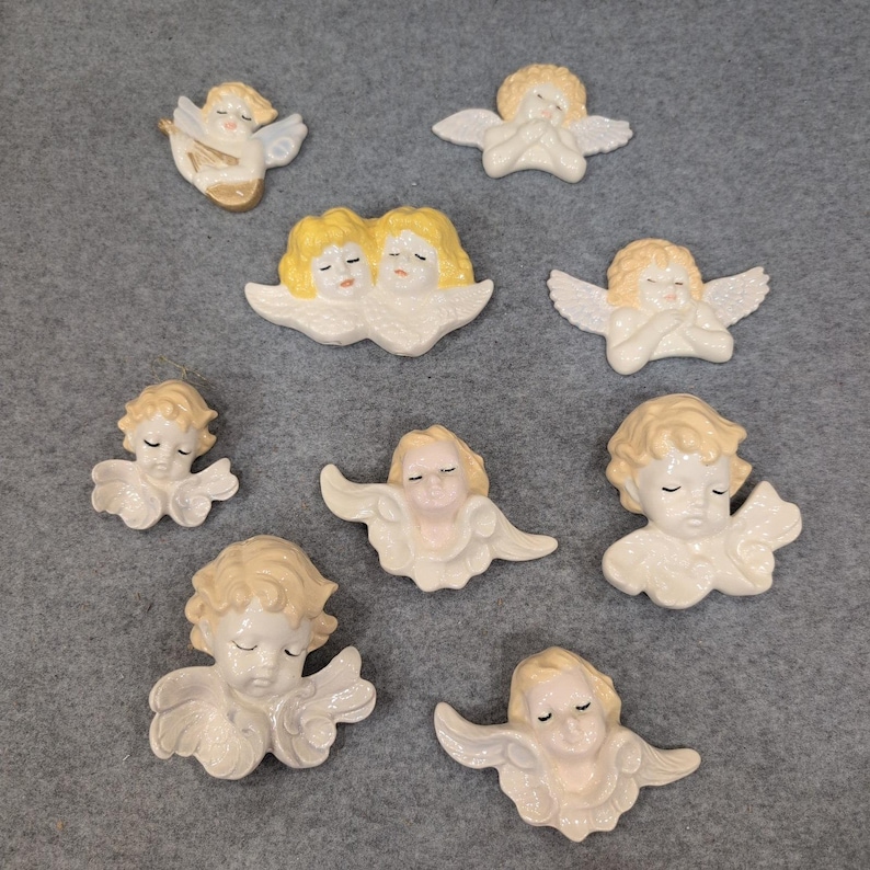 Vintage 1988 Ceramic Angel Cherub Wall Hanging Figurines Set of 9 Hand Painted image 1