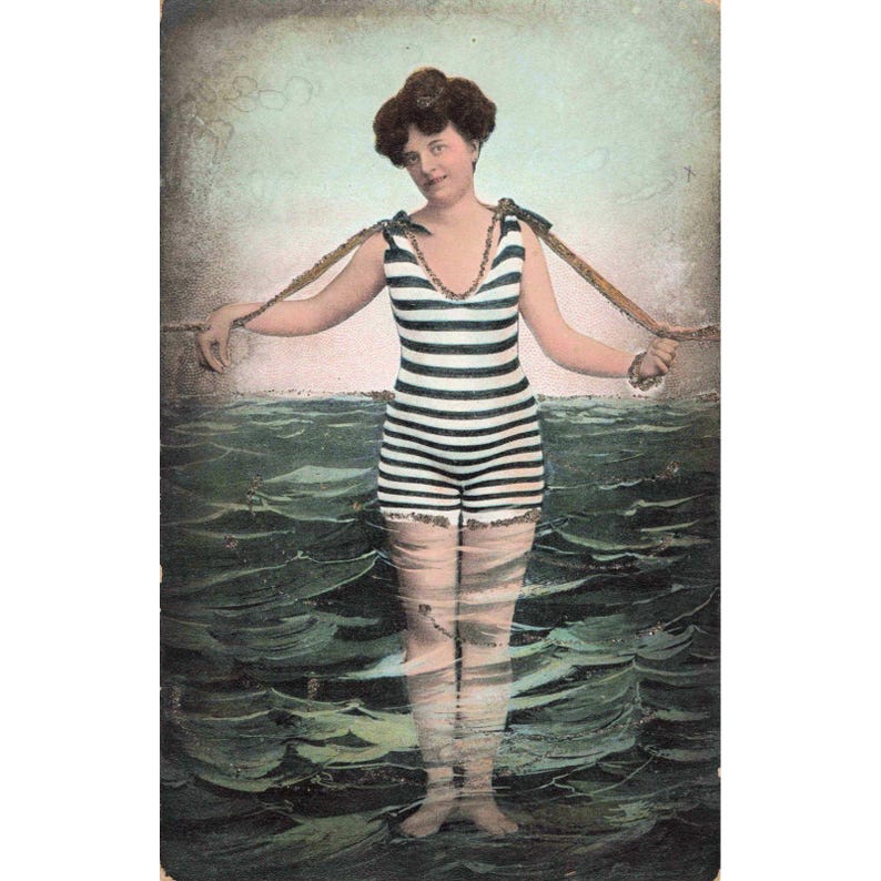 Vtg Hand Tinted Postcard Woman Striped Bathing Suit Ocean Th. E. L. Serie 973 image 1