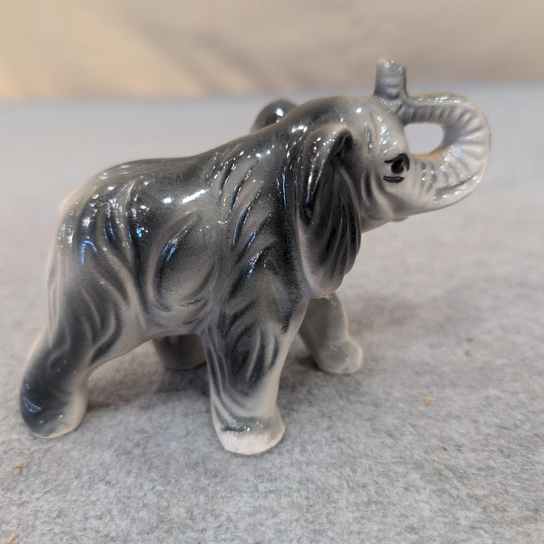 Vintage Gray Ceramic Elephant Figurine Trunk Up Good Luck Decorative Miniature image 1