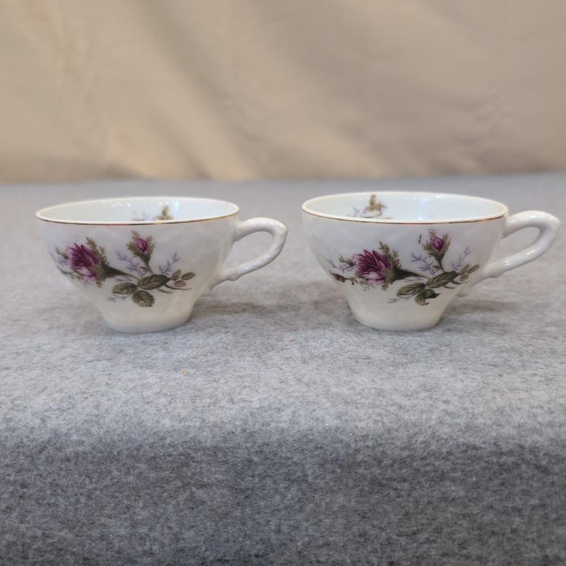 Bond Ware L&M Vintage Porcelain Teacups Pink Rose Floral Gold Rim Set of 2 image 1