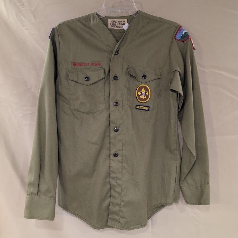 Vtg Boy Scouts of America BSA Uniform Shirt Olive Green Pikes Peak Council 14 image 1