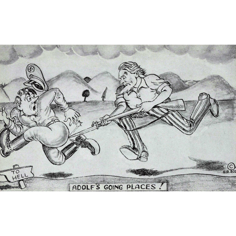 Postal antigua de 1943 "Slam the Axis" - Adolf's Going Places - Tío Sam - Sátira de la Segunda Guerra Mundial imagen 1