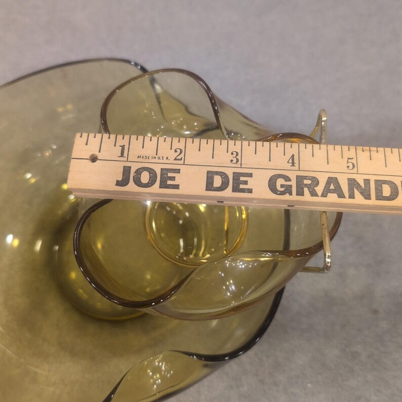Vintage MCM Smoked Olive Green Glass Ruffled Chip and Dip Set with Metal Bracket image 7