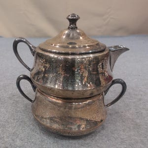 Vintage Stacking Silverplate Teapot and Sugar Bowl Set Wolf Crown Hallmarks image 1