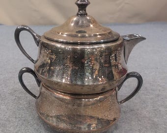 Vintage Stacking Silverplate Teapot and Sugar Bowl Set Wolf Crown Hallmarks