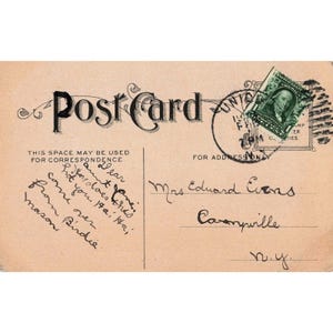 Antike humorvolle Postkarte: Karikatur eines Mannes, einer Frau und eines Babys mit Zylinder, 1-Cent-Franklin-Briefmarke, sehr guter Zustand Bild 2