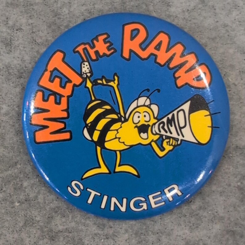 Meet The Ramp Stinger Bee Cartoon Button Pin Vintage Retro image 1