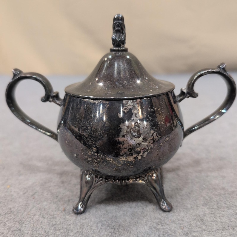 Vintage Silver Plated Footed Sugar Bowl with Lid Ornate Handles Tarnish Decor image 1