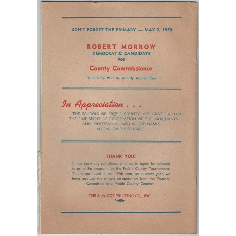 Oficjalny program turnieju koszykówki hrabstwa Preble z 1950 r. w Earlham Fieldhouse zdjęcie 2