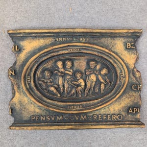 Marko Mfg Inc Neoclassical Cherub Relief Wall Plaque Gold Bronze Latin Text 1074 image 1