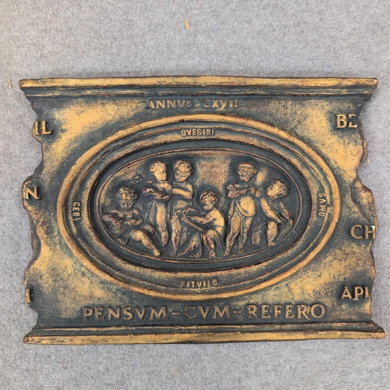 Marko Mfg Inc Neoclassical Cherub Relief Wall Plaque Gold Bronze Latin Text 1074 image 1