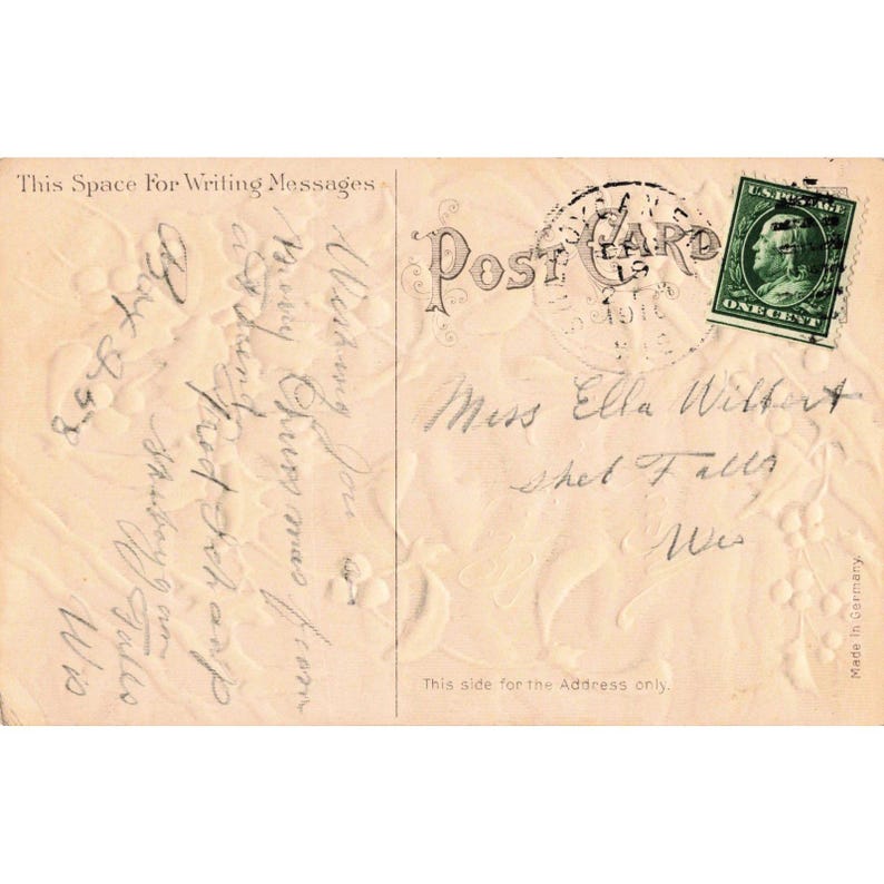 Carte postale vintage de Noël 1910 (RPPC) - Houx et gui en relief - Allemagne image 2