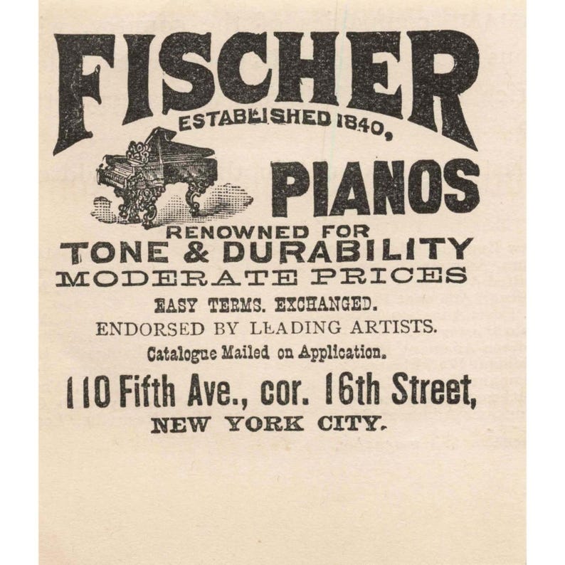 1892 Fischer Klaviere Vintage Werbung Print Ad Bild 1