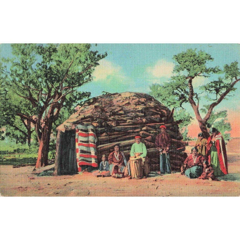 Cartão postal de linho Vtg Navajo Indians Hogan Reserva Curteich Chicago VG+ imagem 1