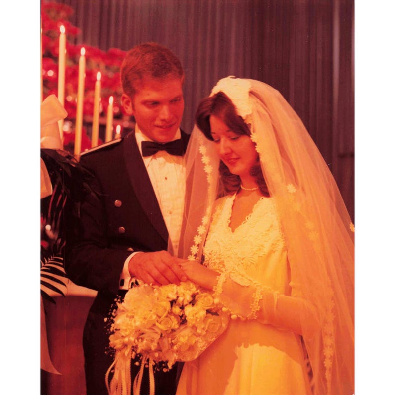 Vtg Color Photograph USAF Wedding Ceremony Bride Groom Tuxedo Gown 1980s Retro image 1