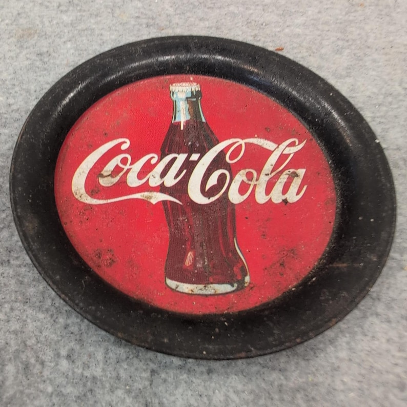 Vintage Coca Cola Metal Tray Coaster Round Red Bottle Graphic Collectible image 1