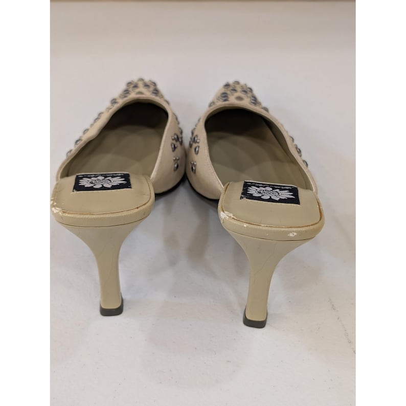 Yellow Box Jody Embellished Rhinestone Square Toe Beige Heel Mules Size 7.5 image 7