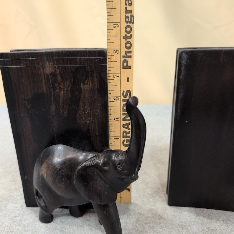 Vintage Hand Carved Wooden Elephant Bookends Dark Wood Broken Leg image 4