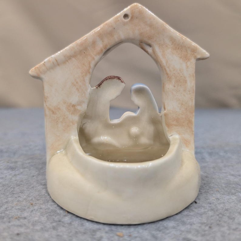 Ceramic Nativity Scene Figurine Holy Family Stable Candle Holder Glazed Blue Tan image 3