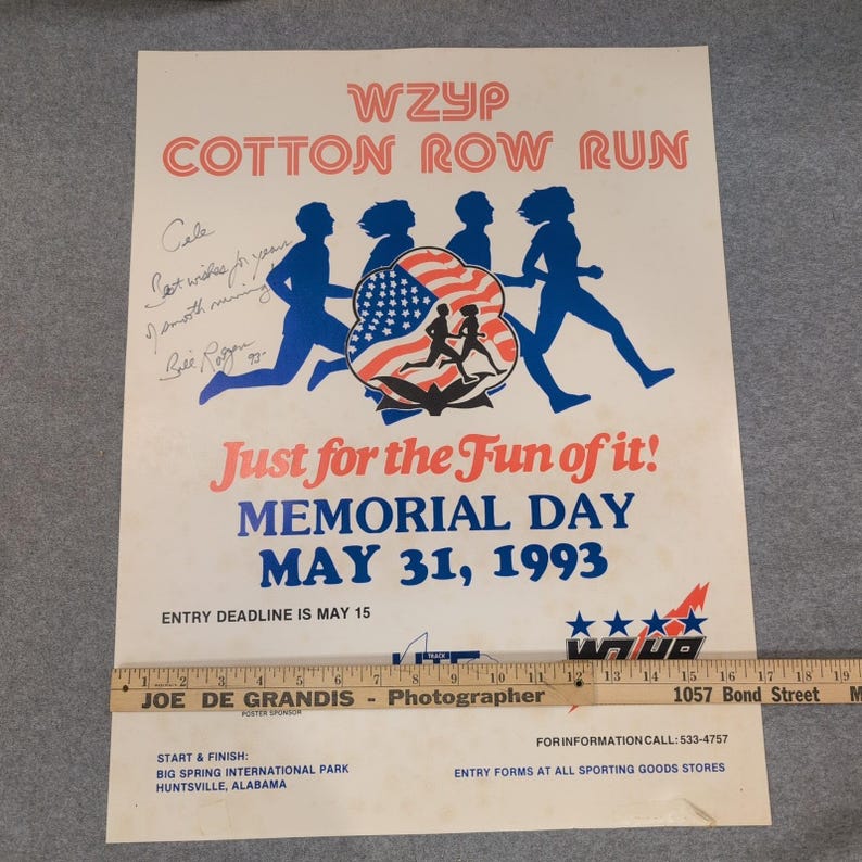 Vtg Signed Bill Rodgers '93 WZYP Cotton Row Run Poster US Olympian Huntsville AL image 3