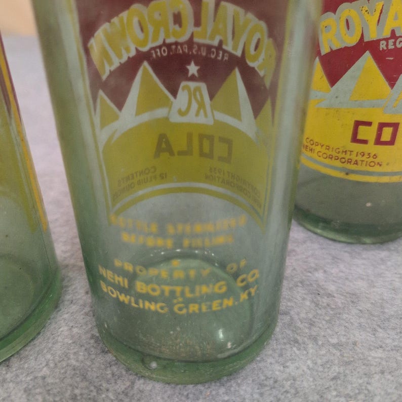 3 Vtg Royal Crown RC Cola Pyramid Glass Bottles Chattanooga Montgomery Bowling G image 3