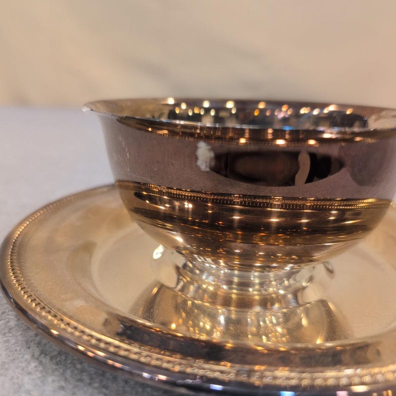 Oneida Silverplate Sherbet Tasse und Unterteller Set Perlenrand USA Vintage Bild 2