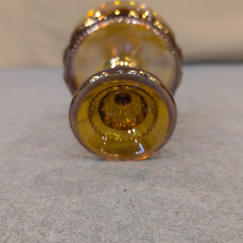 Vintage Indiana Glass Kings Crown Amber Carnival Glass Compote Iridescent Bowl image 7