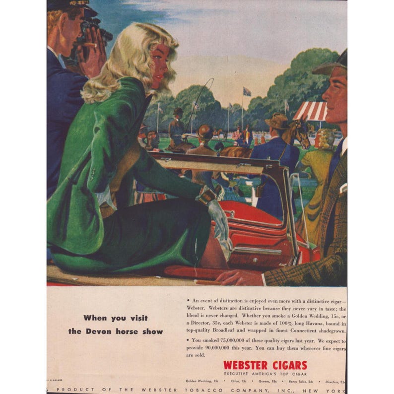 Vintage 1940s Webster Cigars Devon Horse Show Magazine Print Advertisement Art image 1