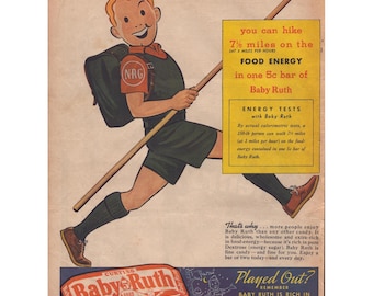 Vintage Baby Ruth snoepreep printadvertentie van Curtiss Candy Co. Hiker NRG American Boy VG